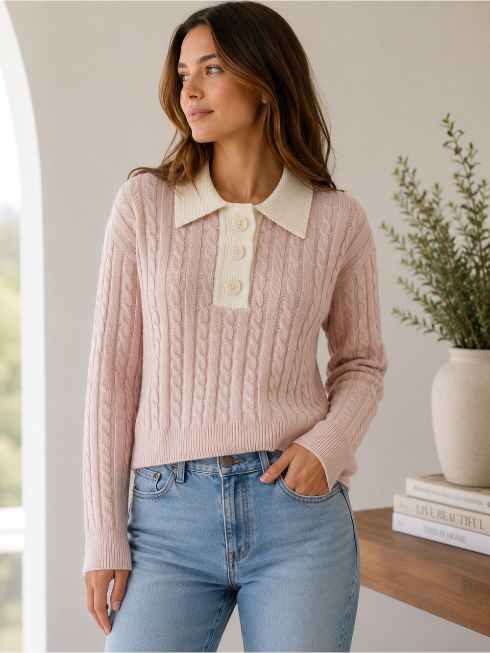 Design History -The Dahlia Soft Pink Cable Knit Polo Sweater with Cream Collar